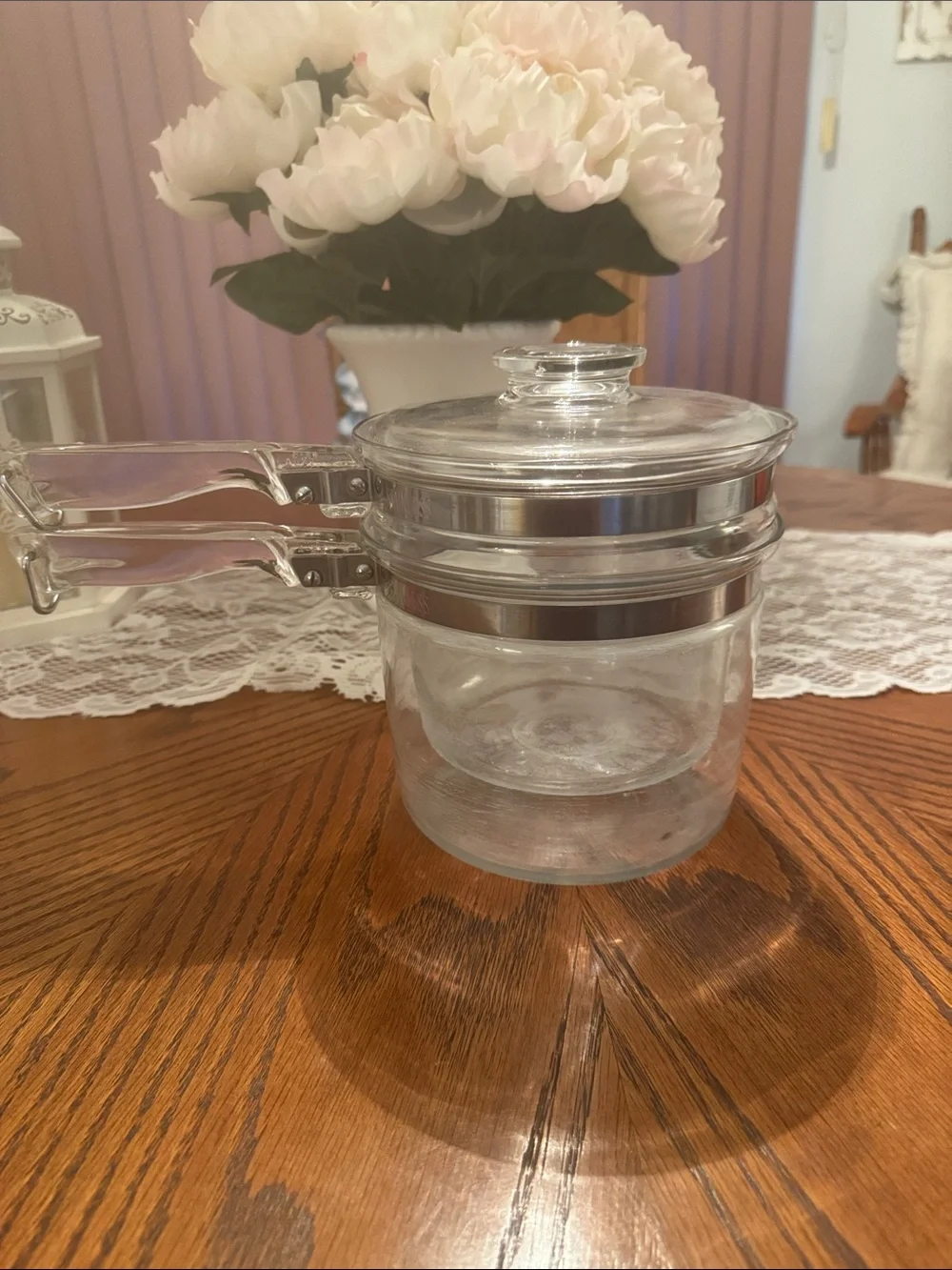 Viintage Pyrex Flameware Clear Glass Double Boiler Saucepan with Lid - Clear